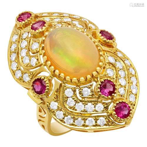 14k Yellow Gold 3.90ct Ethiopian Opal 0.90ct Ruby 1.49ct Dia...