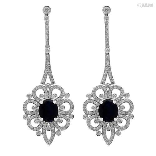 14k White Gold 13.41ct Sapphire 4.10ct Diamond Earrings