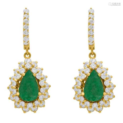 14k Yellow Gold 3.51ct Emerald 3.09ct Diamond Earrings