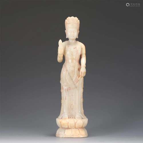 A CHINESE WHITE JADE FIGURE OF GUANYIN BUDDHA STATUE