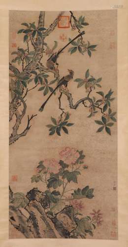 A CHINESE PAINTING OF FLOWERS AND BIRDS