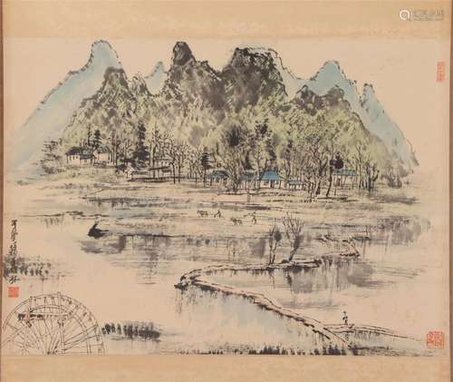 A CHINESE PAINTING OF GREEN MOUNTAINS AND RIVER SCENERY