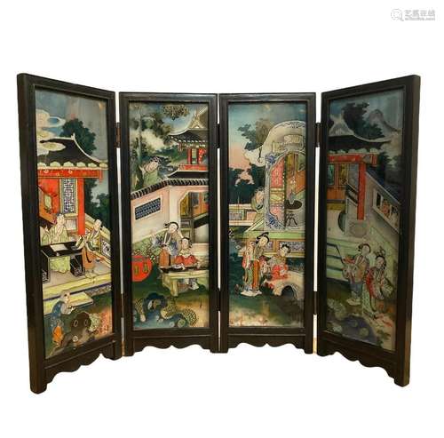 Antique Four Panel Glass 'Reverse; Painting