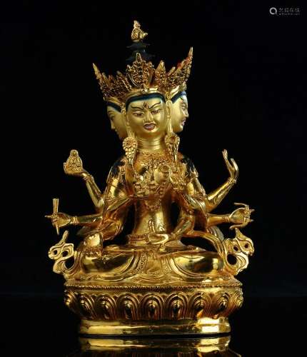 Tibetan Bronze Buddha Sculpture-Three-headed and