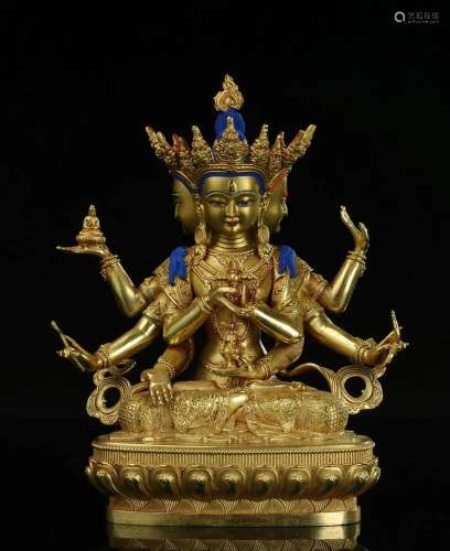 Tibetan Bronze Buddha Sculpture-Three-headed Buddha