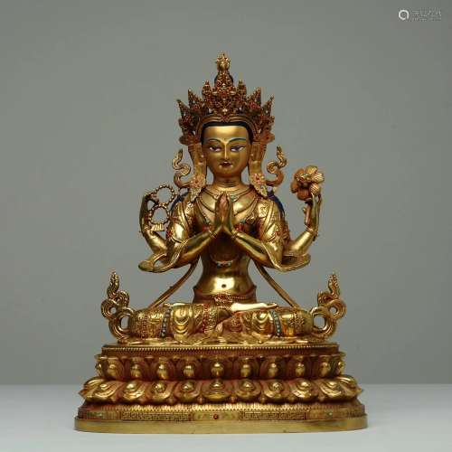 Tibetan Bronze Buddha Statue-Avalokitesvara with Four