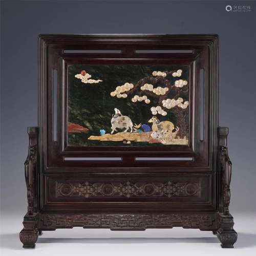 A CHINESE ZITAN INLAID GEMSTONES TABLE SCREEN