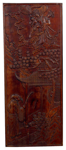 清代 木雕仙人送子花屏 木板镜框 45×18cm