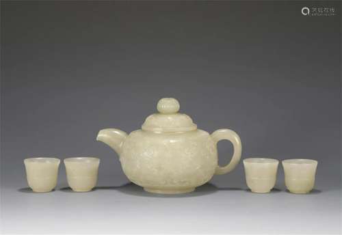 A SET OF CHINESE WHITE JADE TEAPOT AND CUPS