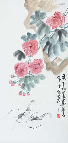 娄师白 芙蓉双虾 设色纸本立轴