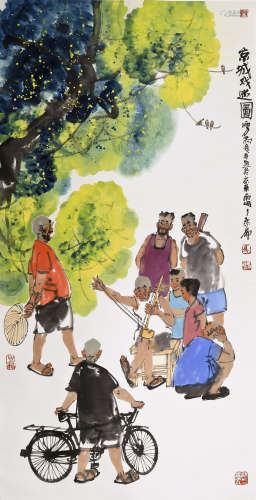 马海方 京城戏迷 设色纸本立轴
