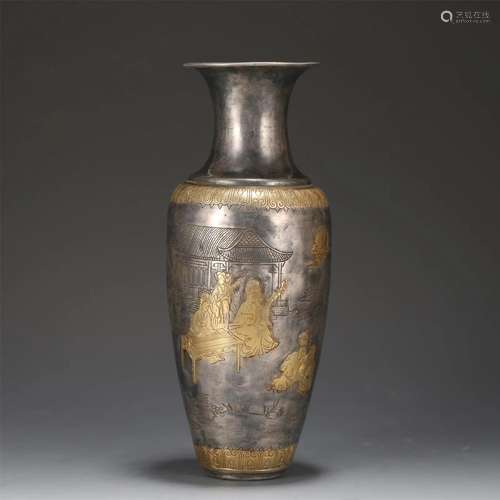 A CHINESE GILT SILVER VIEWS VASE