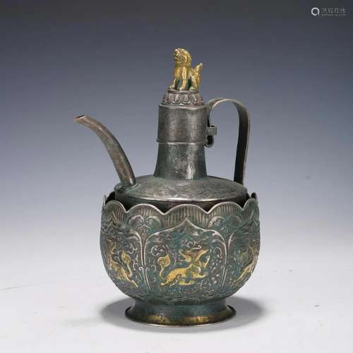 A CHINESE GILT SILVER WARM WINE POT