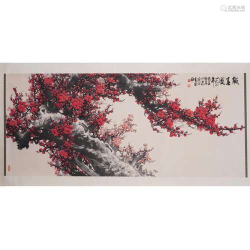 A CHINESE PAINTING OF RED PLUN BLOSSOM FLOWERS