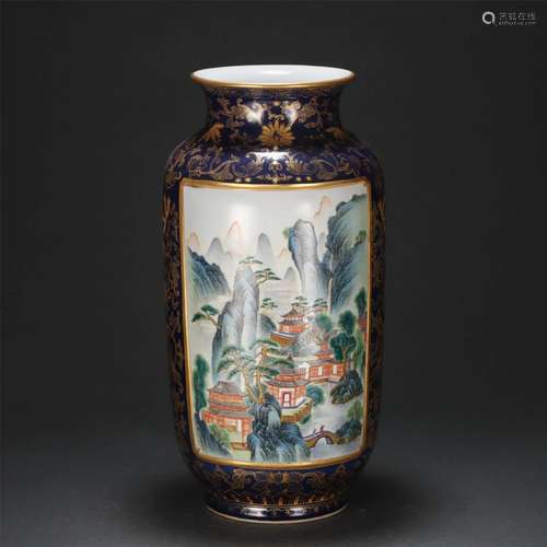 A CHINESE BLUE GLAZE FAMILLE ROSE PORCELAIN VASE