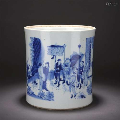 A CHINESE BLUE AND WHITE PORCELAIN BRUSH POT