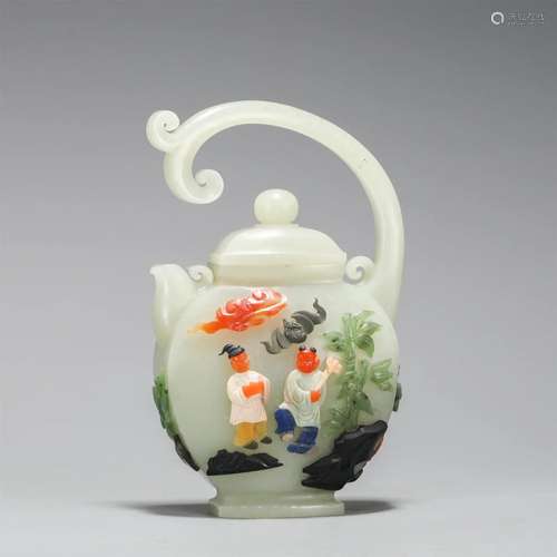 A CHINESE WHITE JADE INLAID GEMSTONES LONG HANDLE EWER