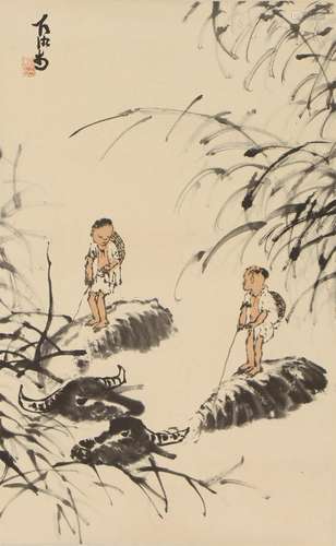 A CHINESE PAINTING OF HERDING CATTLE