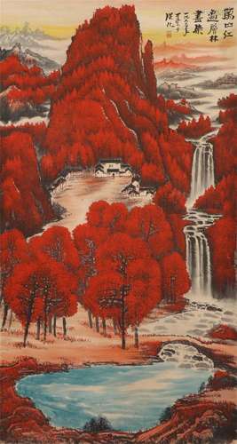 A CHINESE PAINTING OF RED MOUNTAINS LANDSCAPE