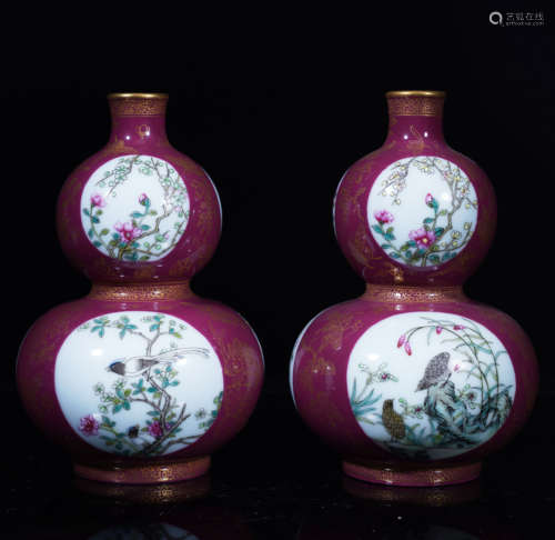 A Pair of Enamel Bird-and-Flower Double-Gourd Vases