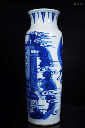 Blue and White Figure Rouleau Vase