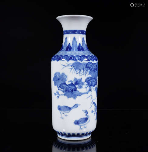 Blue and White Bird-and-Flower Rouleau Vase