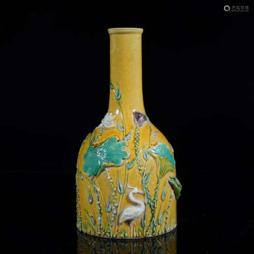 Yellow Glaze Bird-and-Flower Mallet Vase