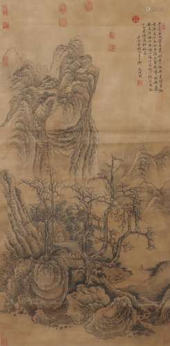 Chinese Landscape Painting Silk Scroll, Wen Zhengming Mark