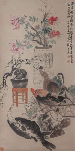 Chinese Vases Painting Paper Scroll, Ni Tian Mark