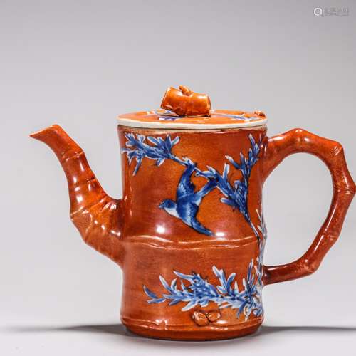 Iron-Red Glaze and Underglaze Blue Flower Bamboo-Form Ewer