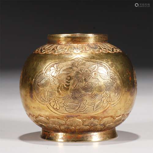 Incised Gilt Bronze Flower and Bird Jar