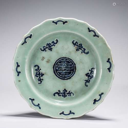 Celadon Glaze and Underglaze Blue Five Bats Plate