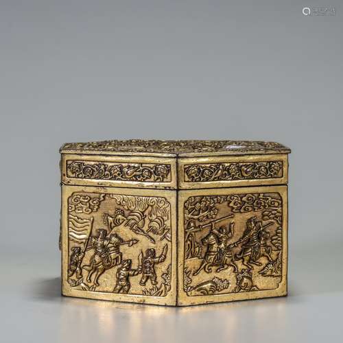 Bronze Figure Hexagonal Box and Cover