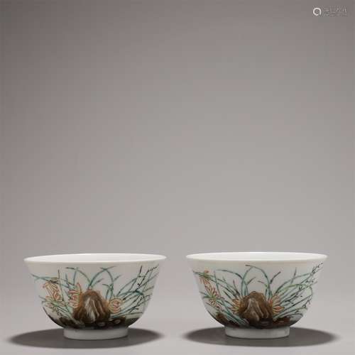 Pair of Famille Rose Flower and Stone Bowls