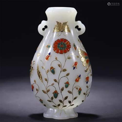 Carved Hetian Jade and Inlaid Vase