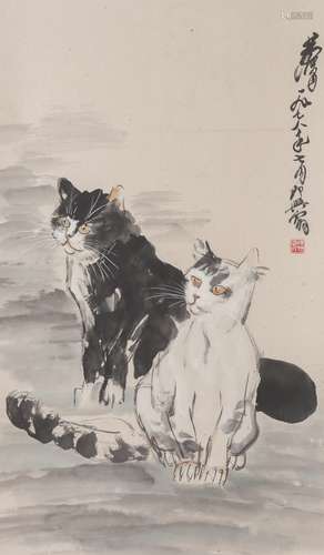 Chinese Cat Painting Paper Scroll, Huang Zhou Mark