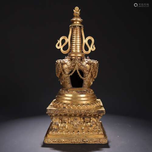 Gilt Bronze Lion and Lotus Pagoda