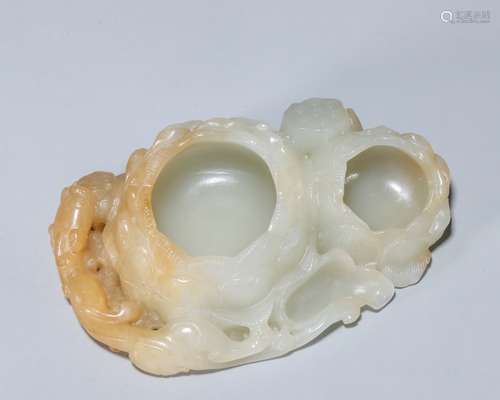 Carved Hetian Jade Dragon and Lotus Washer