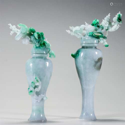 Pair of Mottled Jadeite Vases