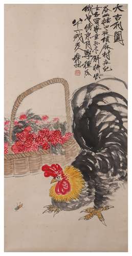 Chinese Rooster Painting Paper Scroll, Wang Senran Mark