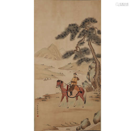 Chinese Figure Painting Paper Scroll, Lang Shining Mark