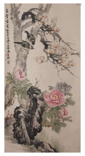 Chinese Flower and Bird Painting Paper Scroll, He Yu Mark