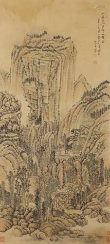 Chinese Landscape Painting Silk Scroll, Wang Hui Mark