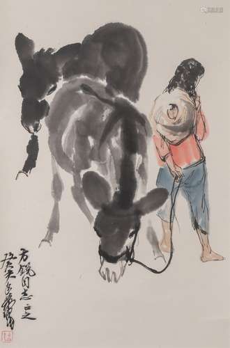 Chinese Donkey Painting Paper Scroll, Huang Zhou Mark