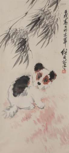 Chinese Dog Painting Paper Scroll, Liu Jiyou Mark