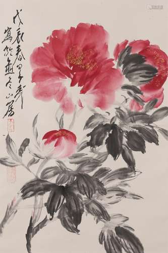 Chinese Flower Painting Paper Scroll, Wang Ziwu Mark