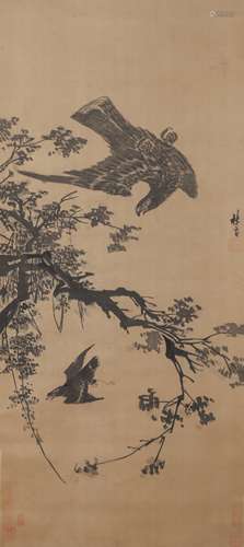 Chinese Flower and Bird Painting Silk Scroll, Lin Liang Mark