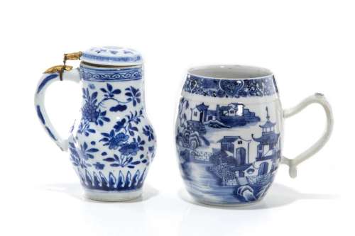 TWO CHINESE EXPORT BLUE AND WHITE TANKARDS