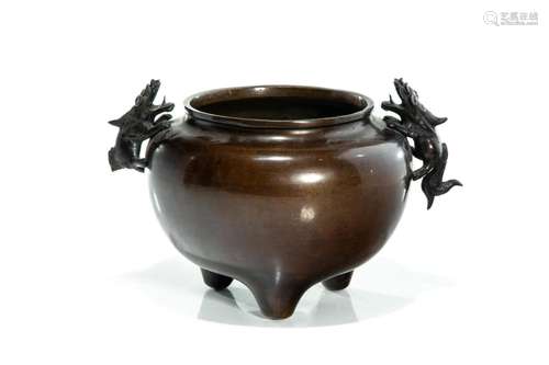 CHINESE BRONZE TRIPOD CENSER WITH BEAST HANDLES