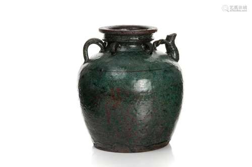 CHINESE MING STYLE DARK GREEN GLAZED POTTERY EWER